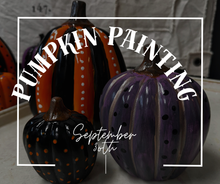 Load image into Gallery viewer, Three hand-painted decorative pumpkins displayed together with a white rectangular frame and text overlay reading 'Pumpkin Painting' and 'September 8th'. The pumpkins are painted in black, orange, and purple with polka dots and vertical stripes.