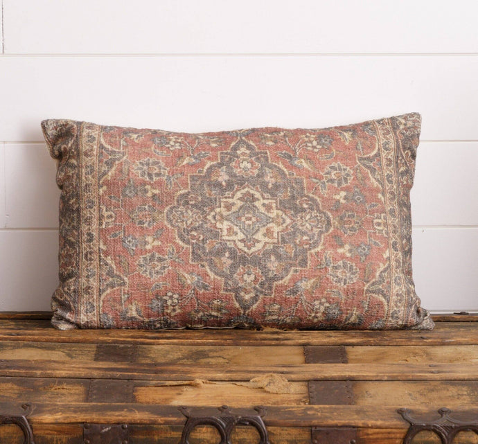 Antique Rug Slub Lumbar Pillow, Brick Red and Navy