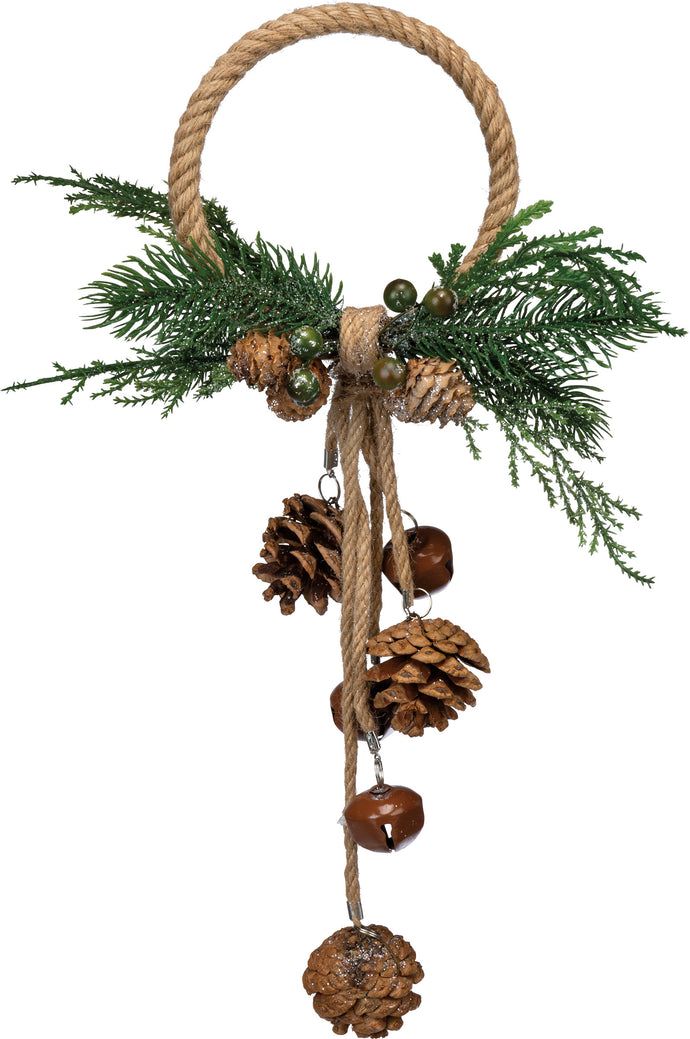 Door Knob Hanger Pinecones. A festive holiday doorknob hanger featuring snowy pinecones, bristled branches, and bell details. 10 by 15  Sold At Miller's Crossing Design, Baldwinsville, NY