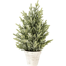 Load image into Gallery viewer, Faux Pine Tree with Glitter Ice. A standing bristle tree featuring glitter accents for an icy effect. 16&quot; tall with a flower pot base. Perfect for a table top display or fireplace mantel.   Sold At Miller&#39;s Crossing Design, Baldwinsville, NY  Artist:Primitives by Kathy
