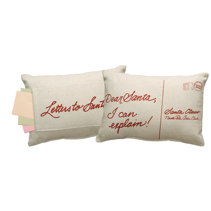 A double-sided cotton and polyester pillow featuring postcard-inspired 