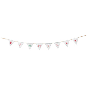 A Christmas-themed banner lending "Be Merry" hand lettered sentiment, holly design, jute string, and metal pennants. Great for decorating before gathering! Sold At Miller's Crossing Design, Baldwinsville, NY