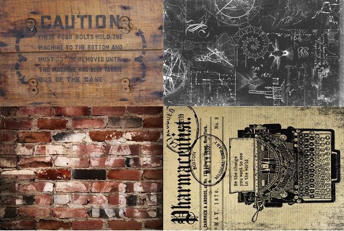 Decoupage Paper Industrial Project Blocks by Roycycled featuring graffiti on a brick wall, vintage typewriter advertisement, architectural drawings and wooden caution sign