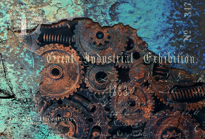 Decoupage Paper Industrial Exhibition by Roycycled featuring petina metal and gears, with a steampunk vibe