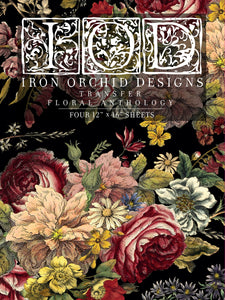 Iron Orchid Designs Anthology Transfer   New format 4 sheet transfer pad. Each sheet measures 12x16. Iron Orchid Designs Floral Anthology Transfer features a poetic, victorian inspired, lush bouquet of rare beauty. Four sheets of decadent color can be mixed and matched and  arranged  to create your own glorious designs. 