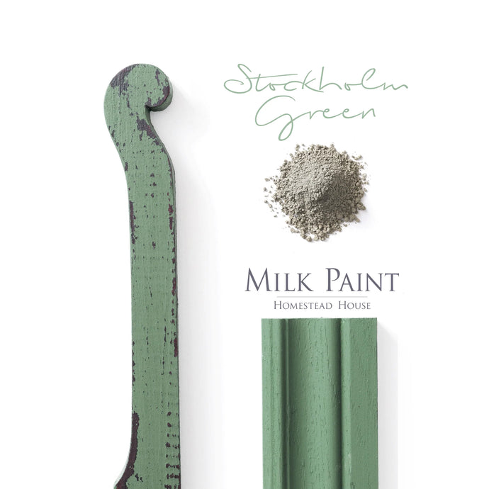 Stockholm Green - This shade of green reminds us of the calmness of the Swedish woods or a day at the lake but is also a colour that is very true to Sweden´s capital Stockholm.   A Milk Paint finish is incredibly unique and versatile – no need to worry about primers as it can be used on any porous surface, binding directly to ensure no chipping or peeling in the future! Sold At Miller's Crossing Design, Baldwinsville, NY
