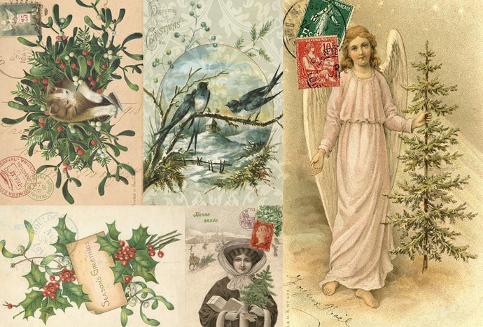 Decoupage Paper Christms Projects B by Roycycled featuring vintage Christmas greetings, angles, swallows, holly, kittens and winter scenes