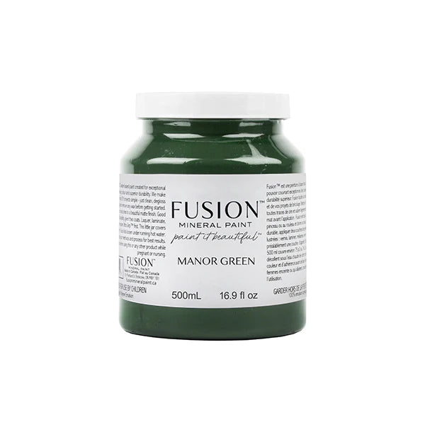 Fusion Mineral Paint  Manor Green New Release. An opulent, deep green inspired by traditional homes and landscapes. This saturated shade leans confidently into its black undertones and has lived in historic beauty that will be loved for centuries more.