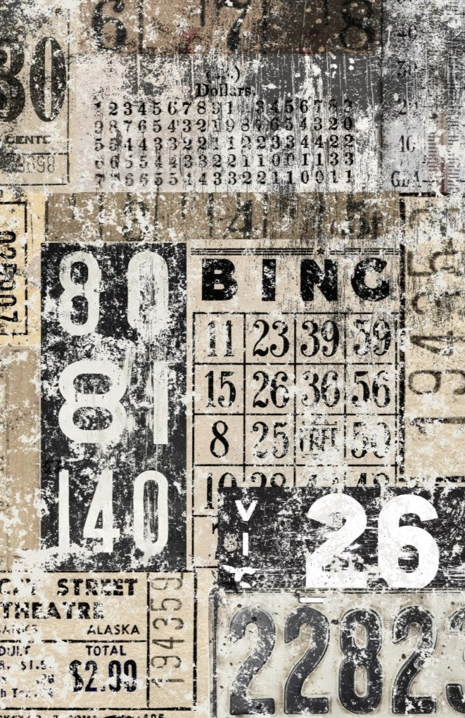 Decoupage Paper Grunge Numbers by Roycycled featuring antique images of license plates, typewriter lettering, Bingo cards and other vintage letters