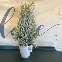 Load image into Gallery viewer, Faux Pine Tree with Glitter Ice. A standing bristle tree featuring glitter accents for an icy effect. 16&quot; tall with a flower pot base. Perfect for a table top display or fireplace mantel.   Sold At Miller&#39;s Crossing Design, Baldwinsville, NY  Artist:Primitives by Kathy