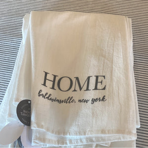 canvas tea towel with "HOME Baldwinsville, NY"